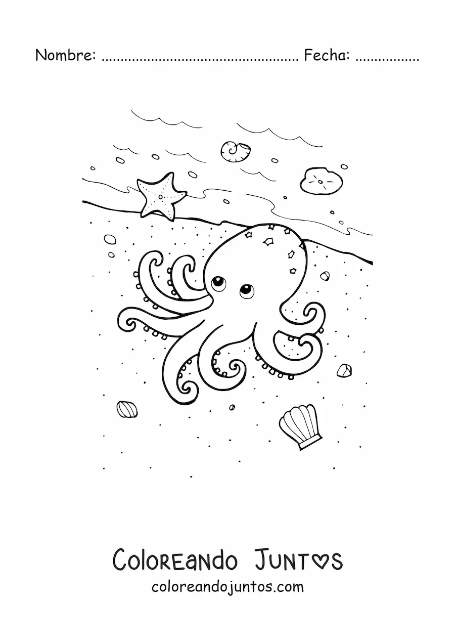 Imagen para colorear de un pulpo en la orilla del mar