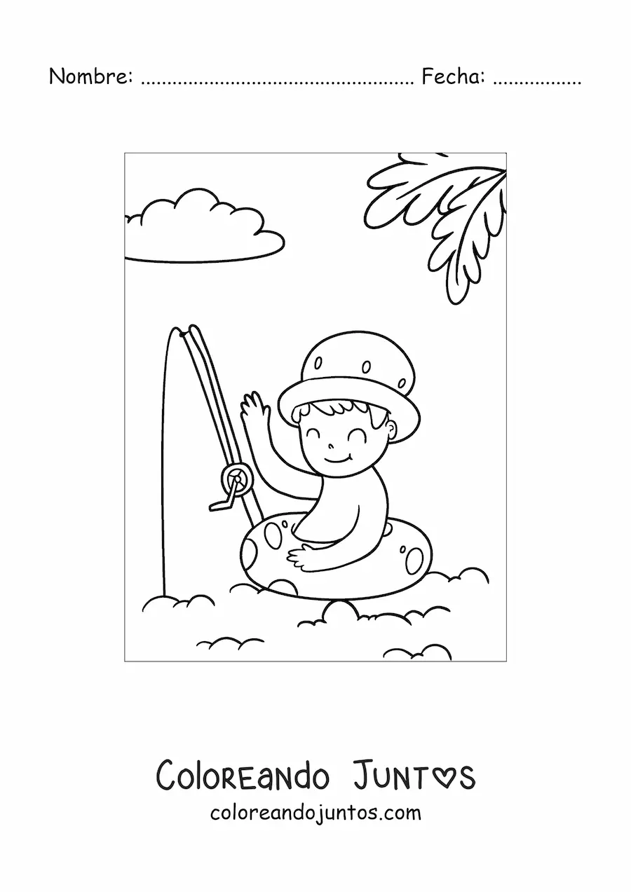 Imagen para colorear de un niño pescando en el mar usando un salvavidas