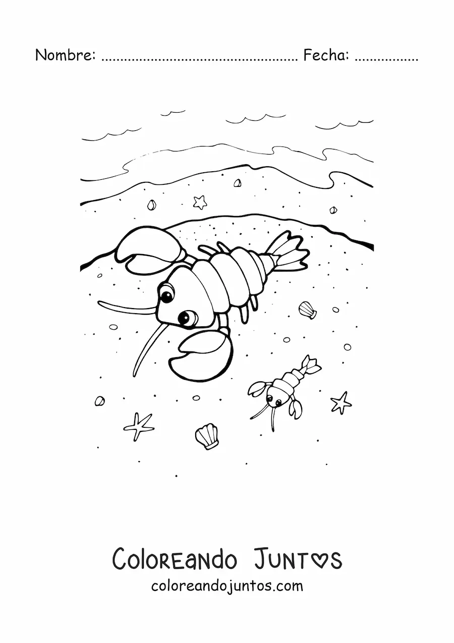 Imagen para colorear de dos langostas en la orilla de la playa