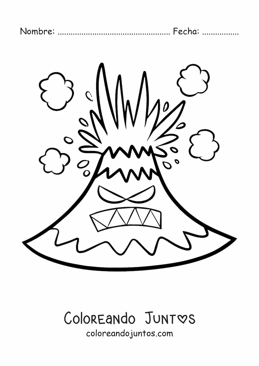Imagen para colorear de un volcán animado furioso en erupción