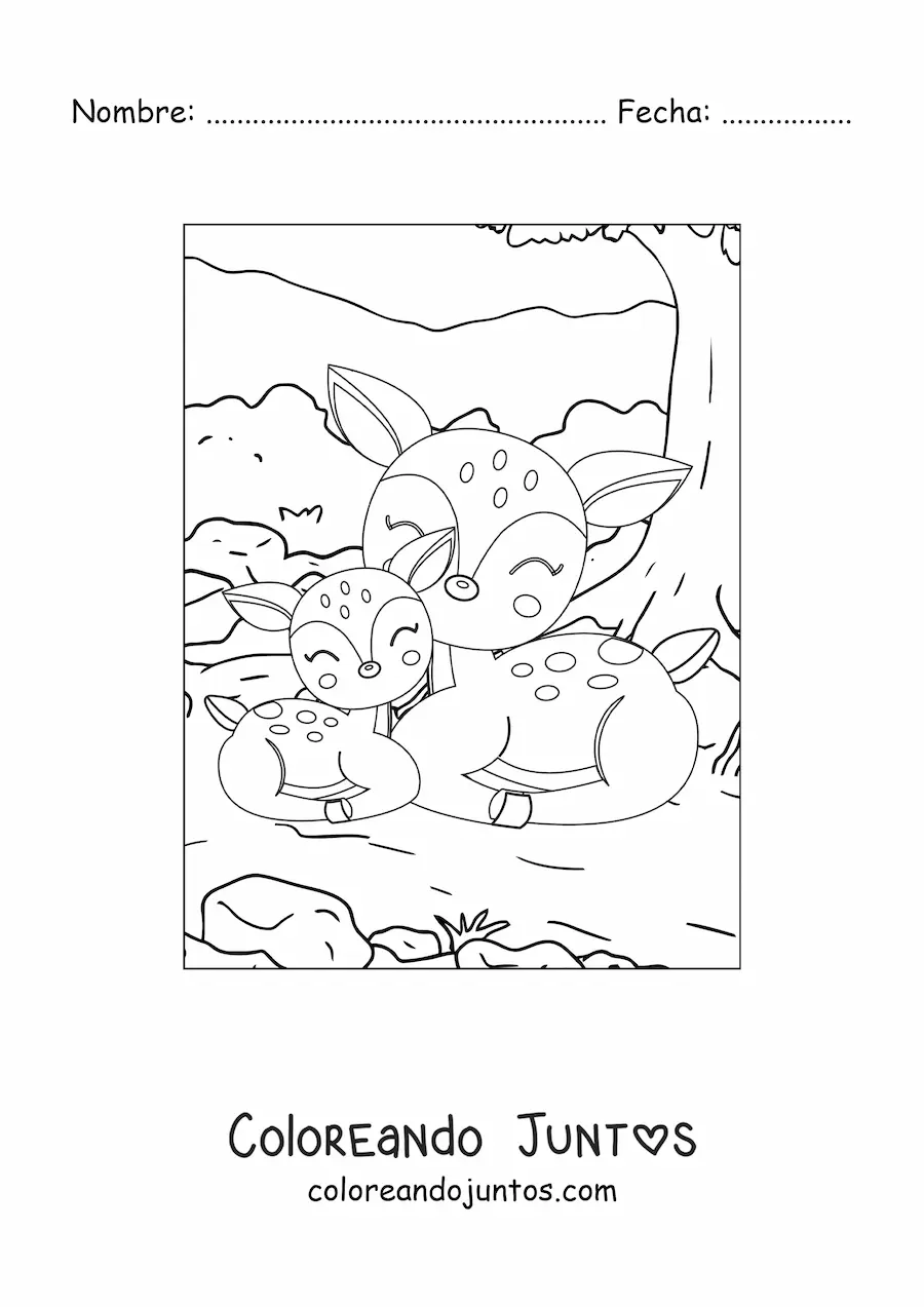 Imagen para colorear de dos ciervos del bosque kawaii