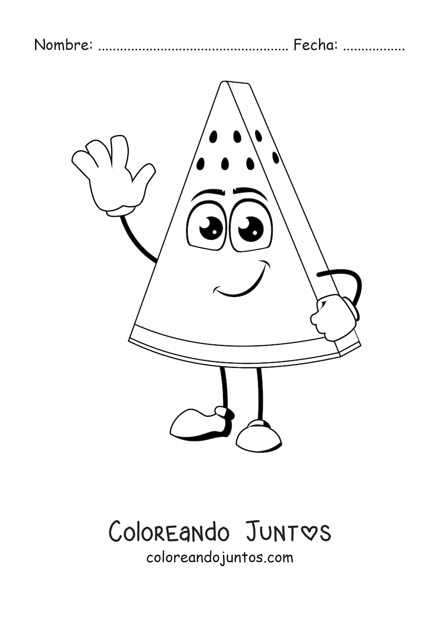 Imagen para colorear de una sandía animada saludando con una mano