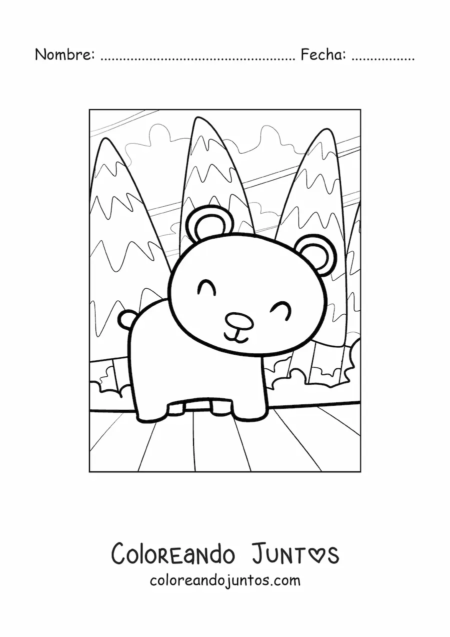 Imagen para colorear de un osito kawaii en el bosque