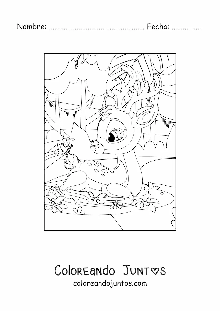 Imagen para colorear de un venado pequeño en el bosque