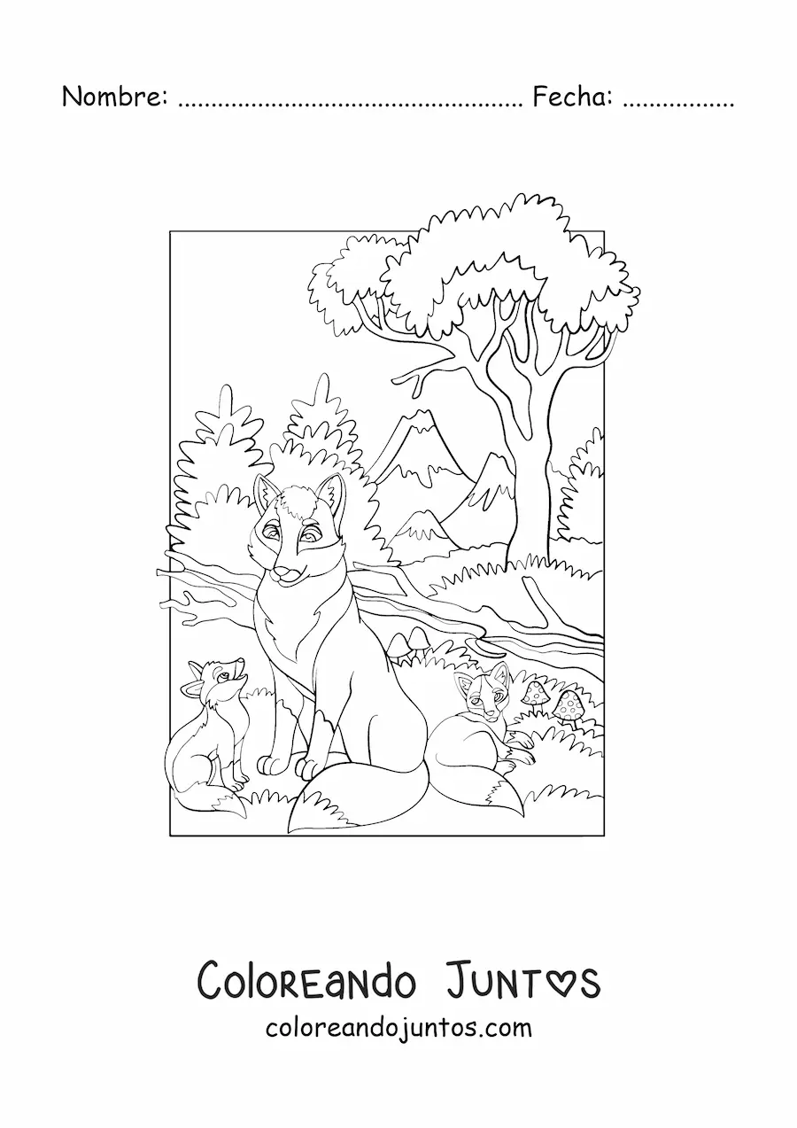 Imagen para colorear de una camada de lobos en el bosque
