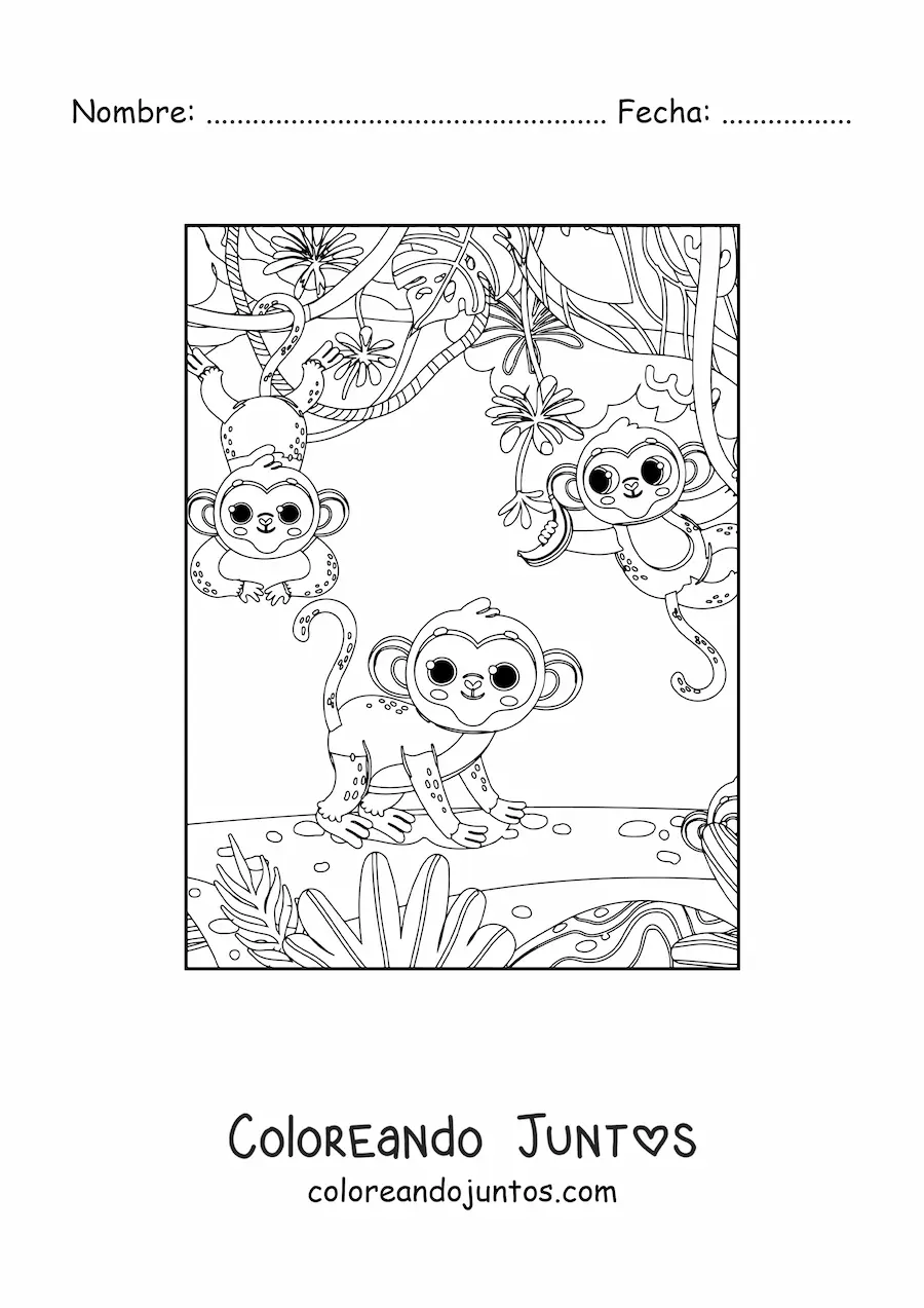 Imagen para colorear de tres monos kawaii en la selva