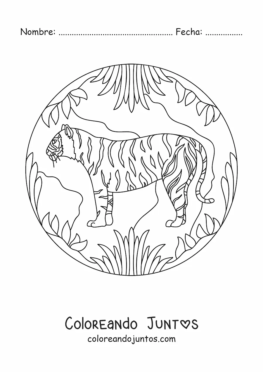 Imagen para colorear de un tigre en la selva