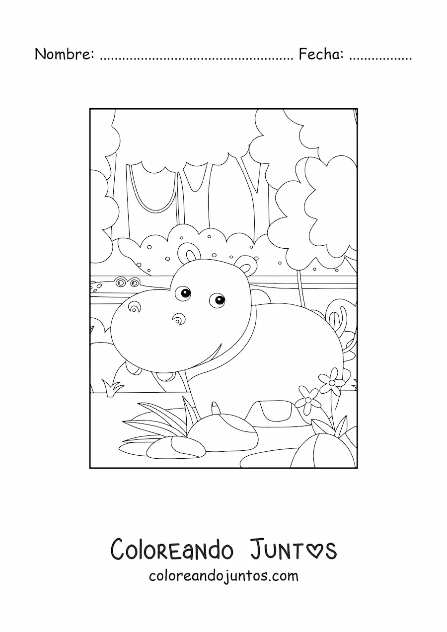 Imagen para colorear de un hipopótamo salvaje animado