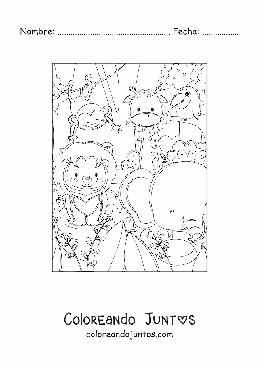 Imagen para colorear de varios animales de selva africana kawaii