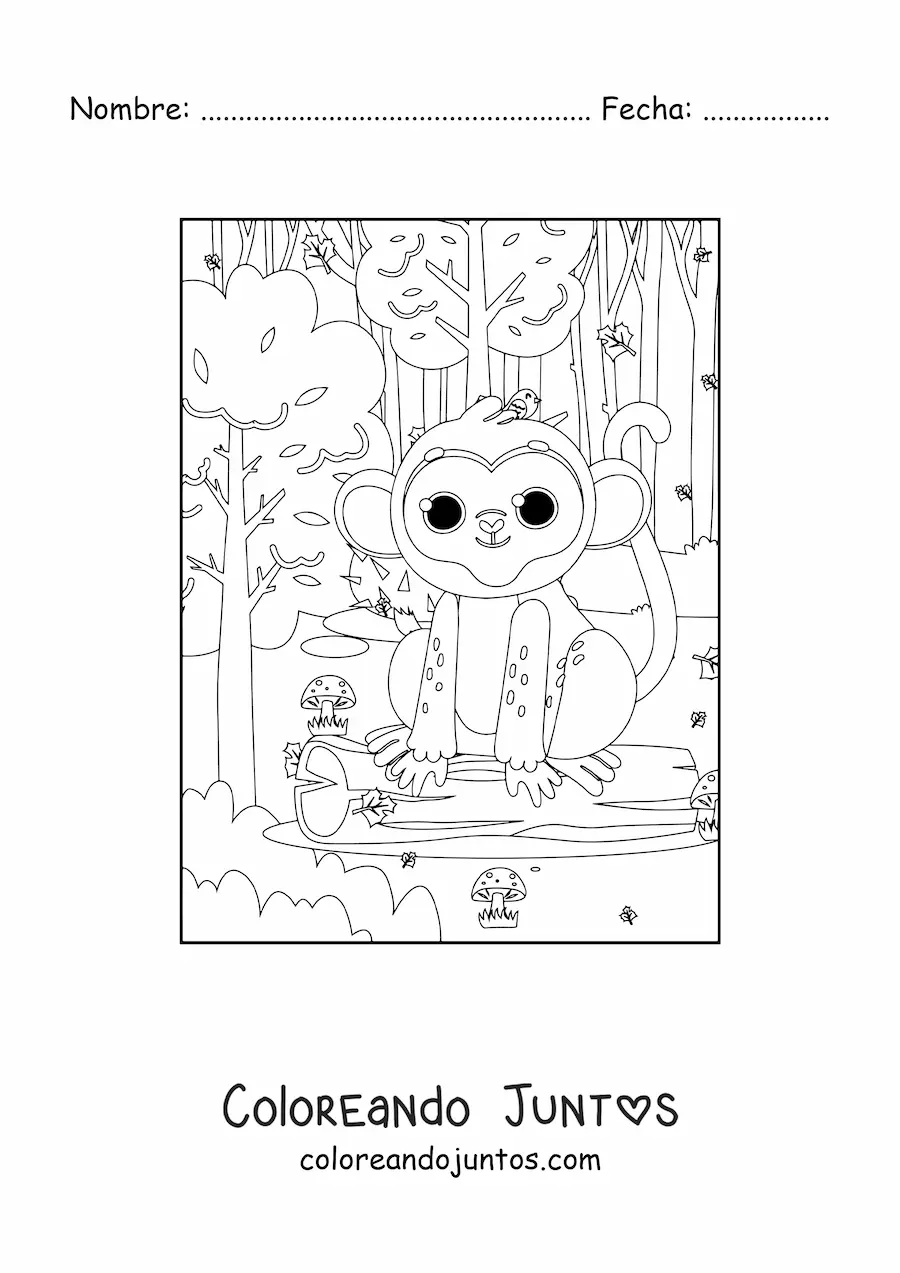 Imagen para colorear de un mono de selva tropical kawaii