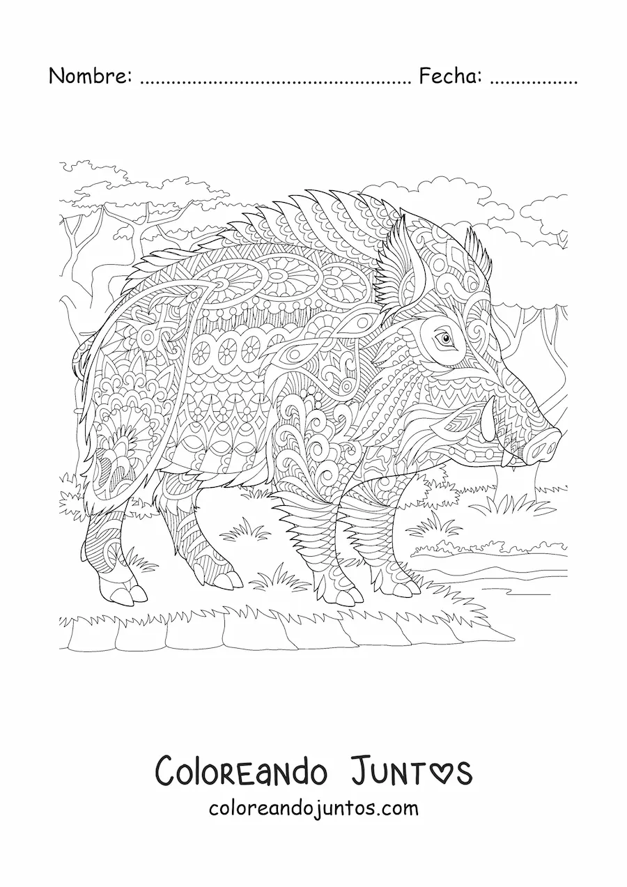 Imagen para colorear de un mandala con diseño de jabalí salvaje
