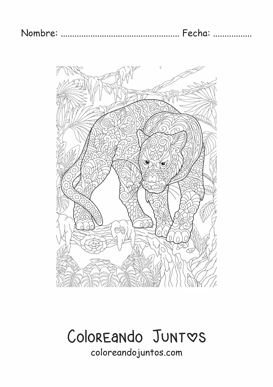 Imagen para colorear de un mandala con diseño de leopardo en la selva