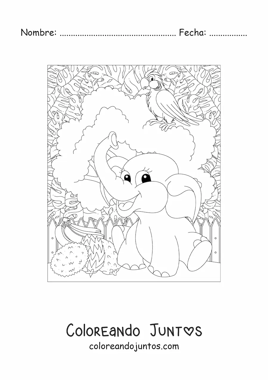 Imagen para colorear de un elefante kawaii en la selva