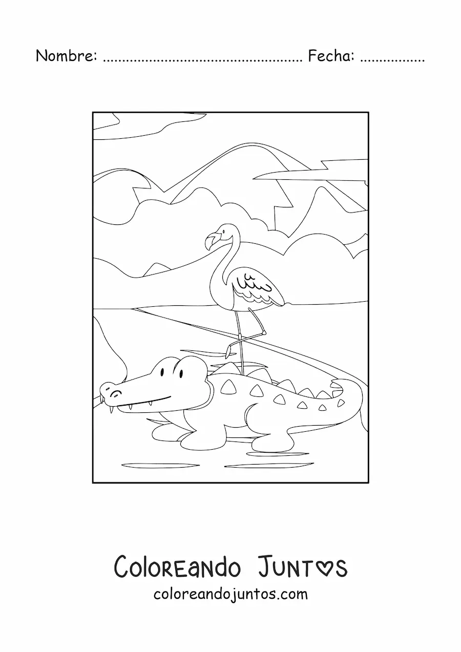 Imagen para colorear de un flamingo y cocodrilo salvaje junto a un lago