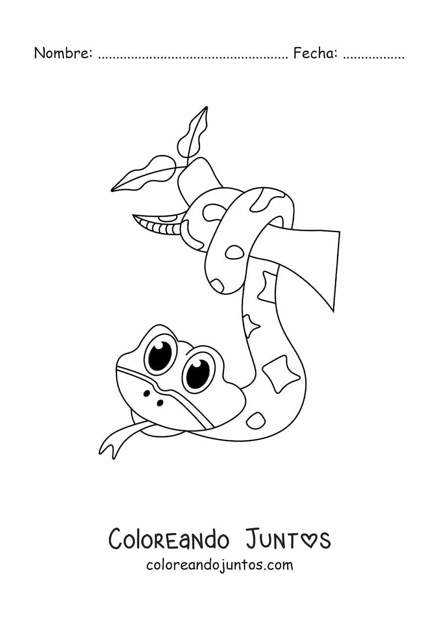 Imagen para colorear de una serpiente kawaii sujetada de la rama de un árbol
