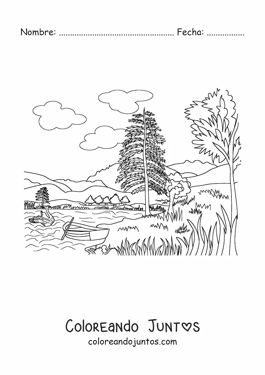 Imagen para colorear de un paisaje con un lago