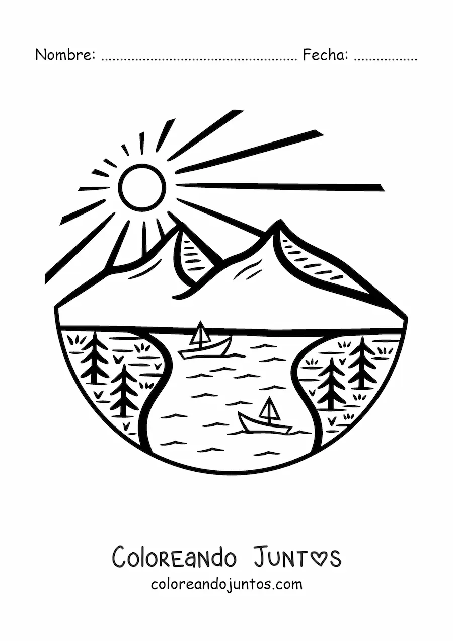 Imagen para colorear de un lago en las montañas