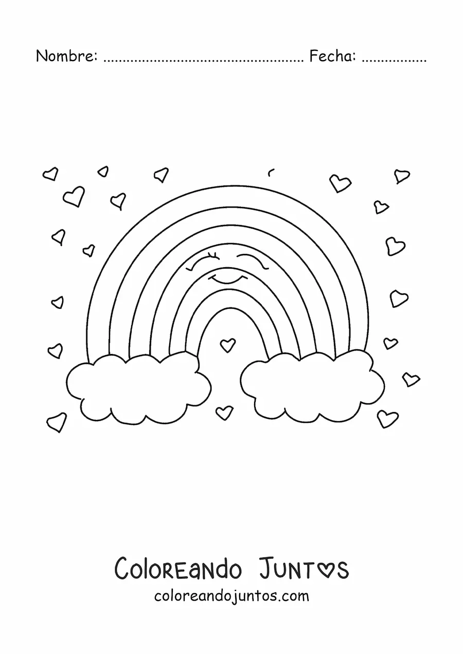 Imagen para colorear de un arcoíris animado sonriente con nubes, rodeado de corazones