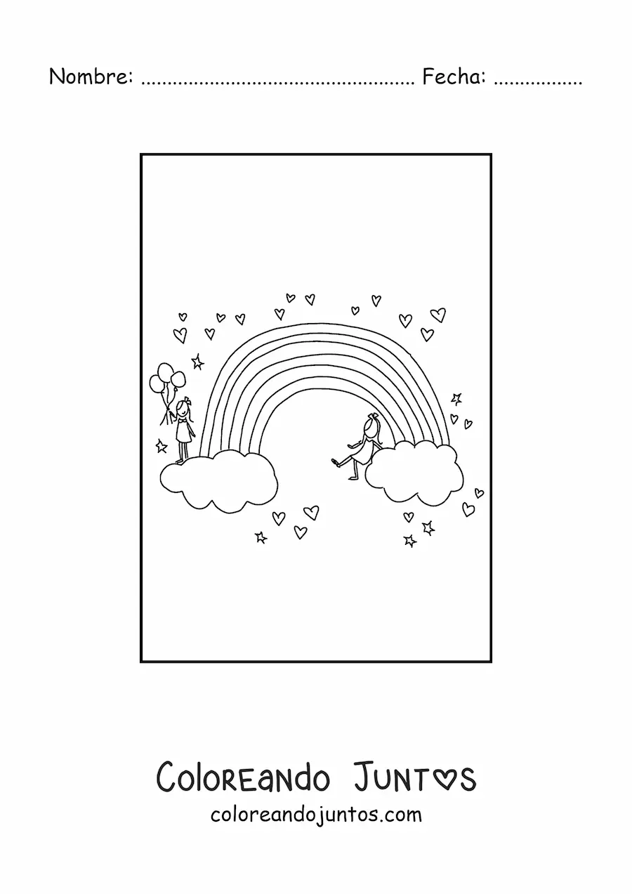 Imagen para colorear de 2 niñas sobre nubes en los extremos de un arcoíris rodeado de corazones