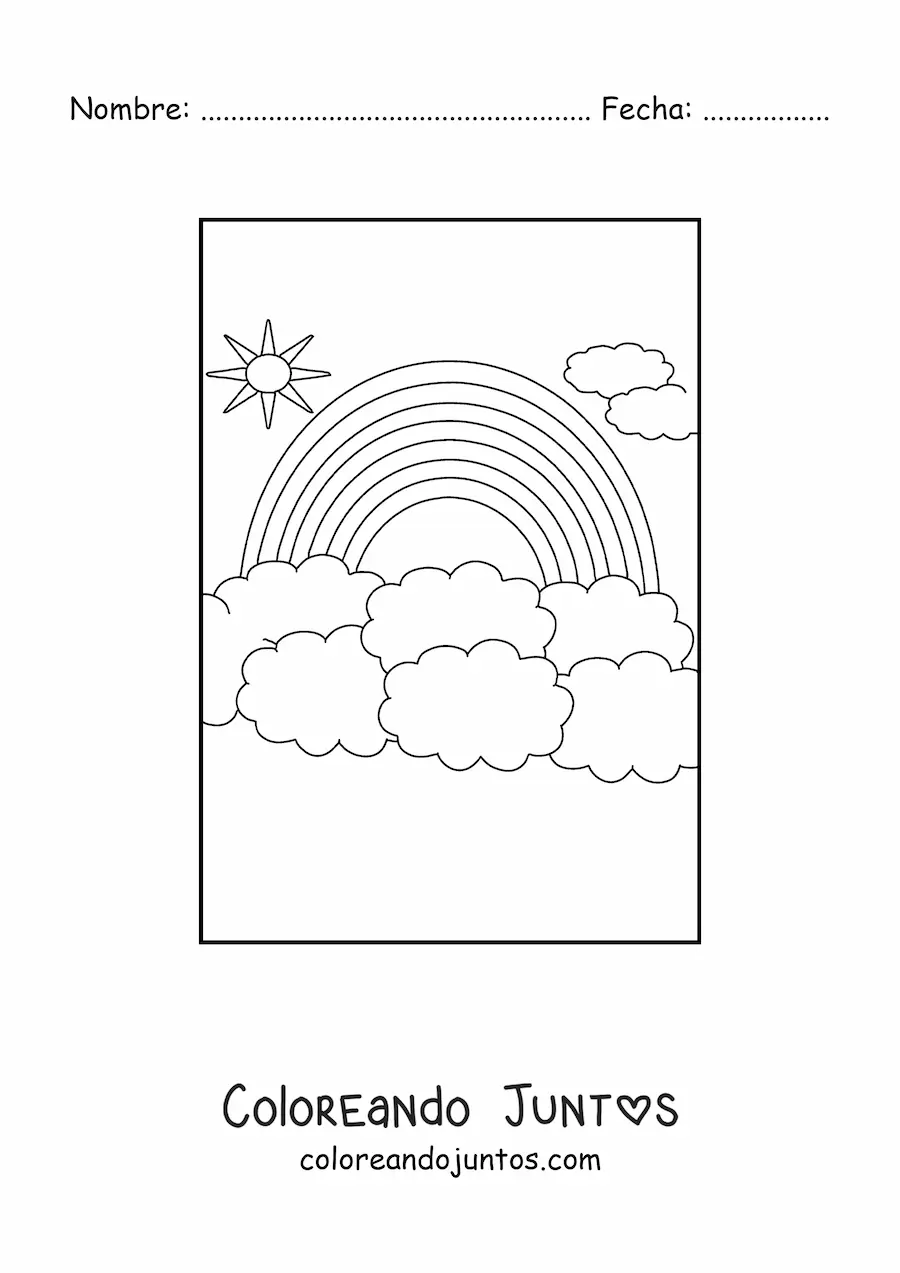Imagen para colorear de un arcoíris grande rodeado de nubes y el Sol
