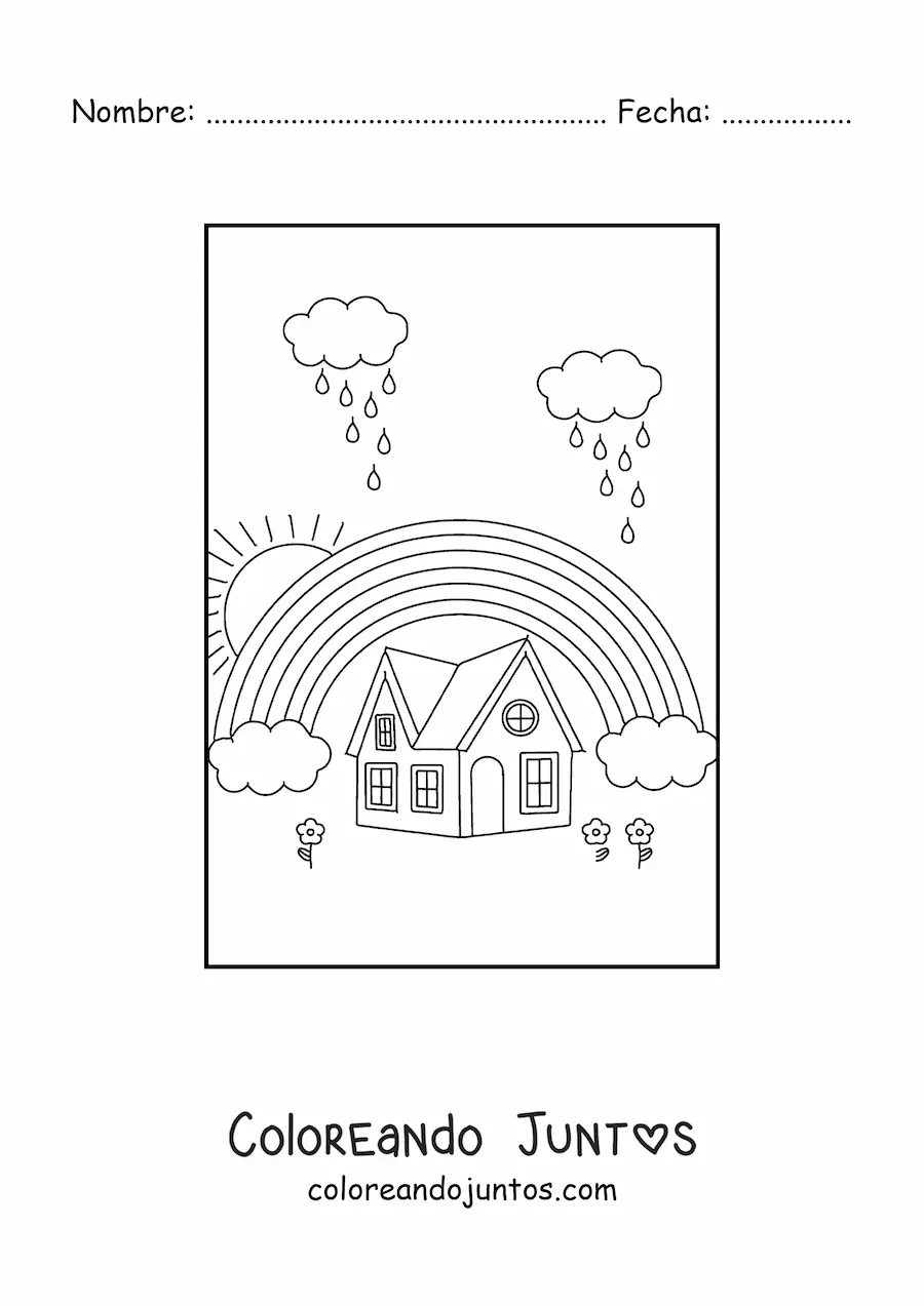 Imagen para colorear de un arcoíris sobre una casa, con 2 nubes lloviendo y un Sol