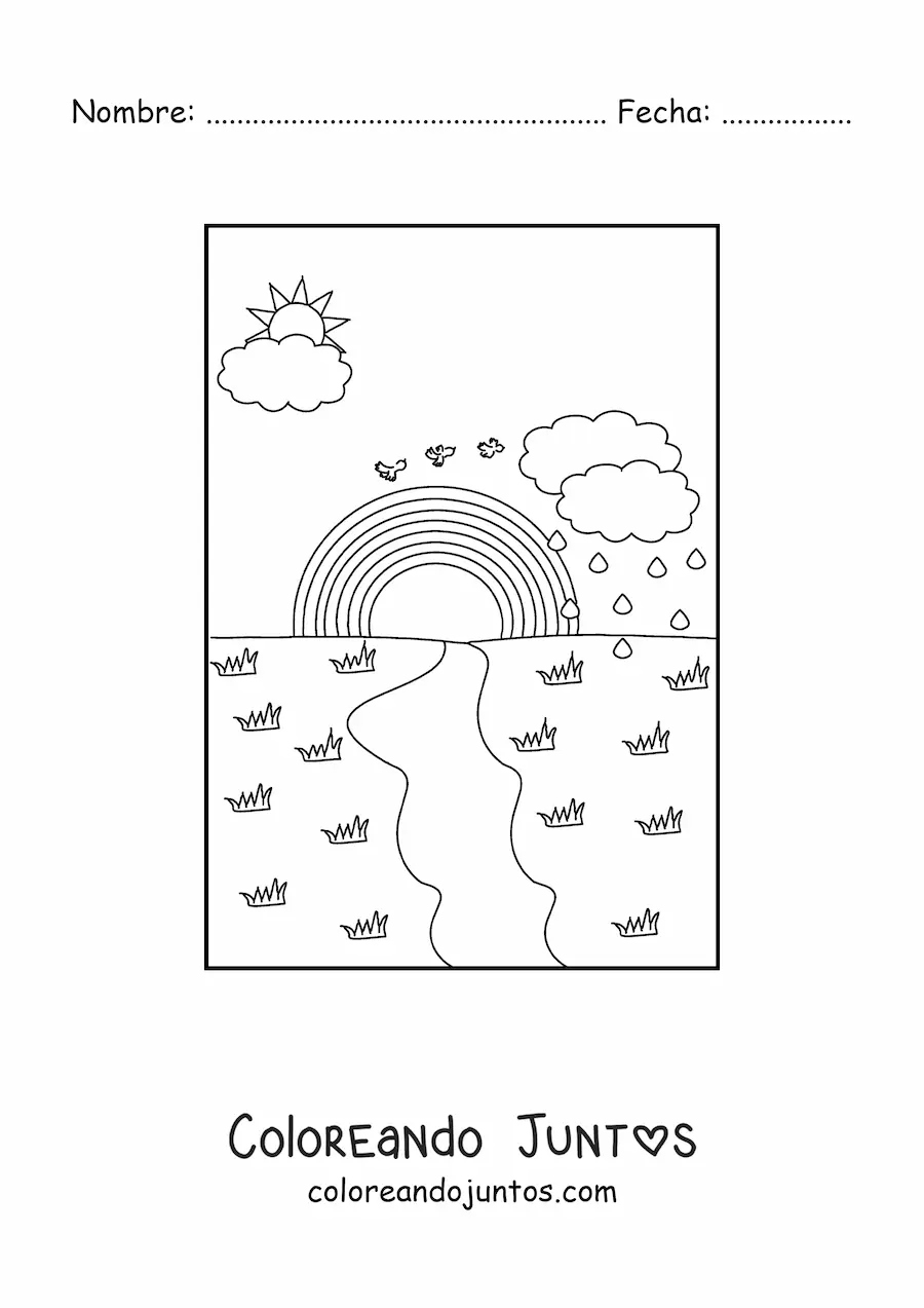 Imagen para colorear de paisaje con un arcoíris, lluvia y Sol