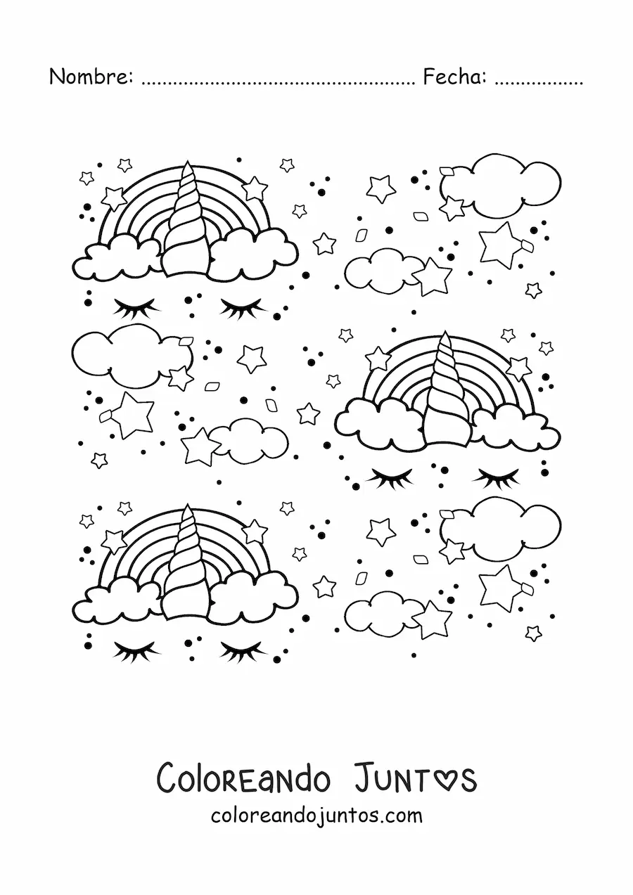 Imagen para colorear de un patrón de arcoíris con forma de unicornio, nubes y estrellas