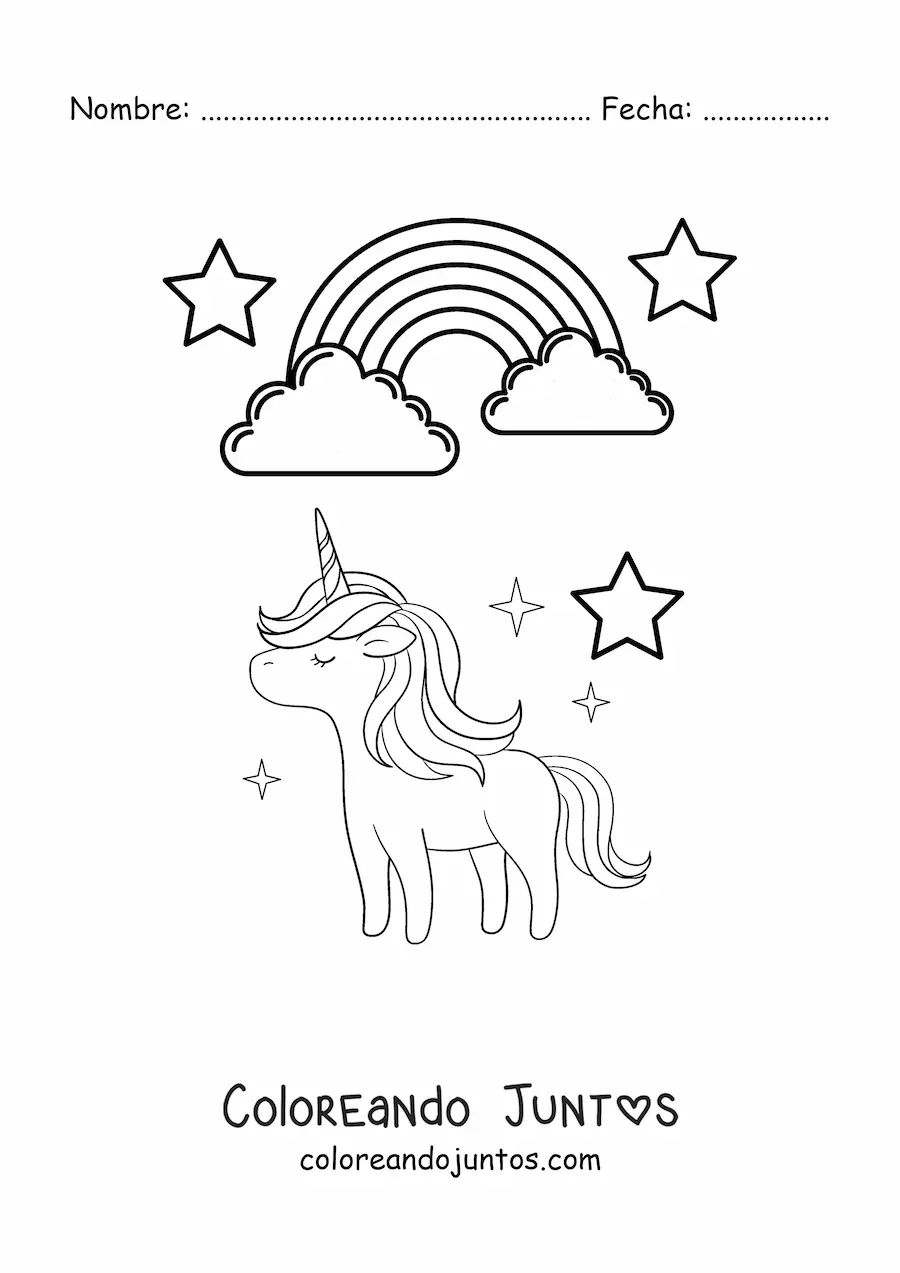 Imagen para colorear de un arcoíris con unicornio y estrellas