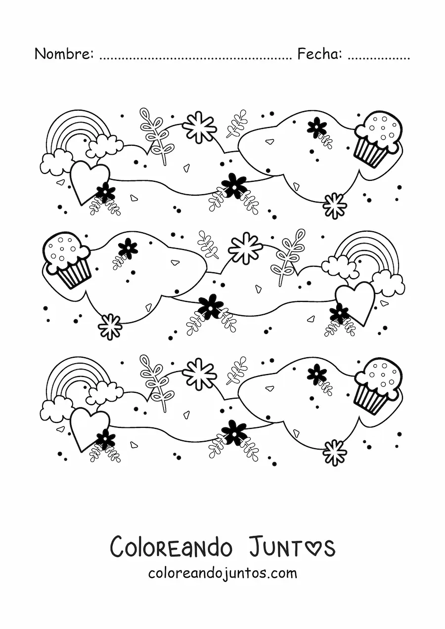 Imagen para colorear de patrón de arcoíris lindos con nubes, cupcakes, corazones, flores y hojas