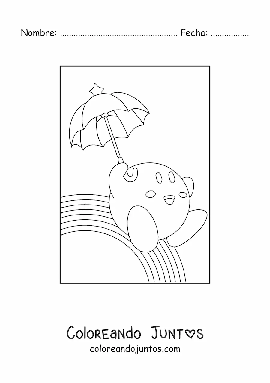 Imagen para colorear de kirby con una sombrilla sobre un arcoíris