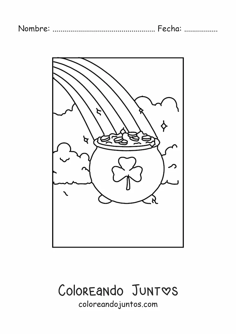 Imagen para colorear de olla de oro con estampado de trébol al final de un arcoíris
