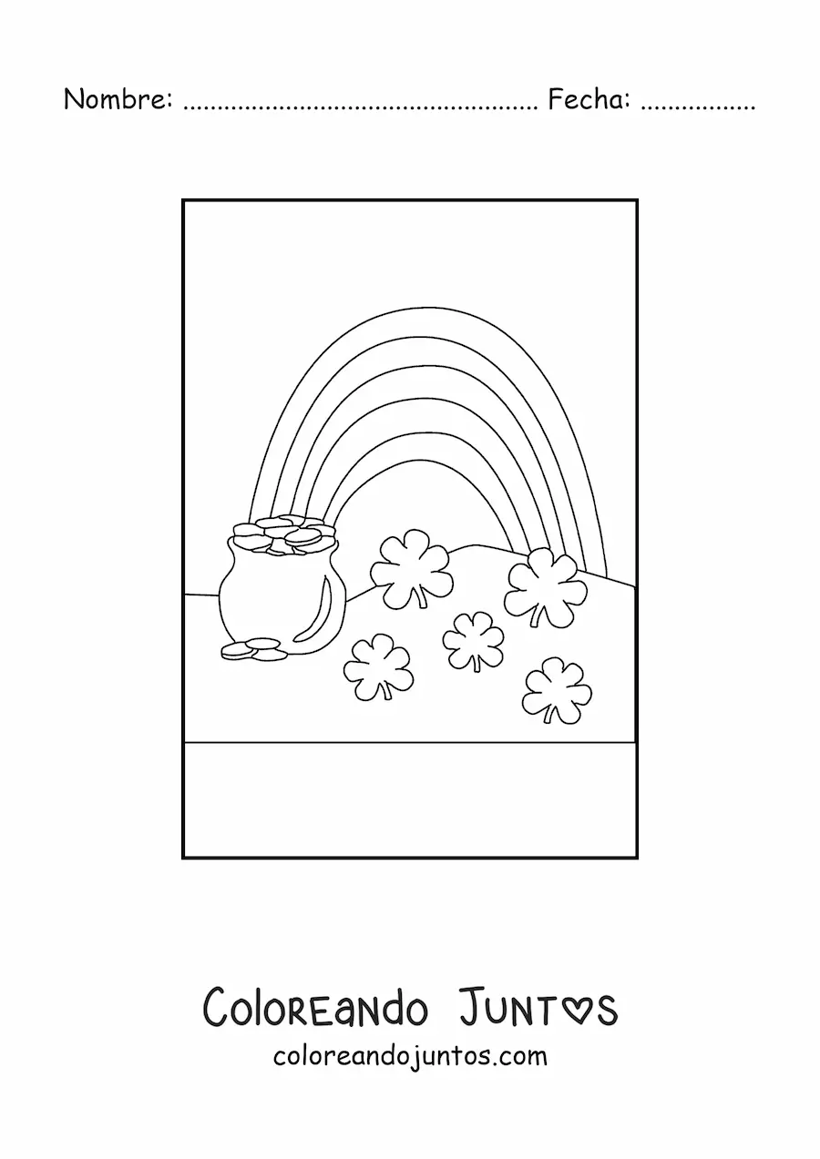 Imagen para colorear de un arcoíris con olla de oro y 5 tréboles