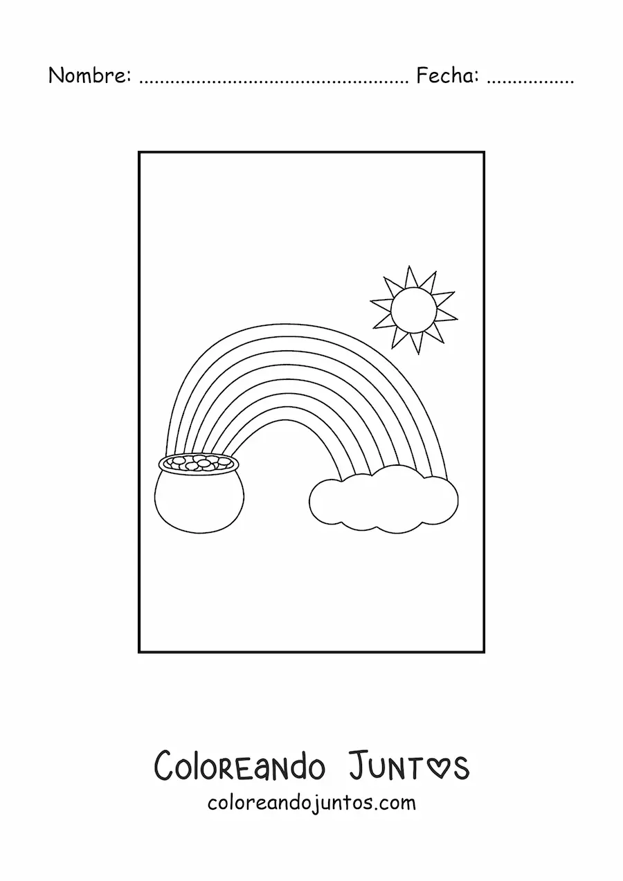 Imagen para colorear de un arcoíris con Sol, nube y olla de oro