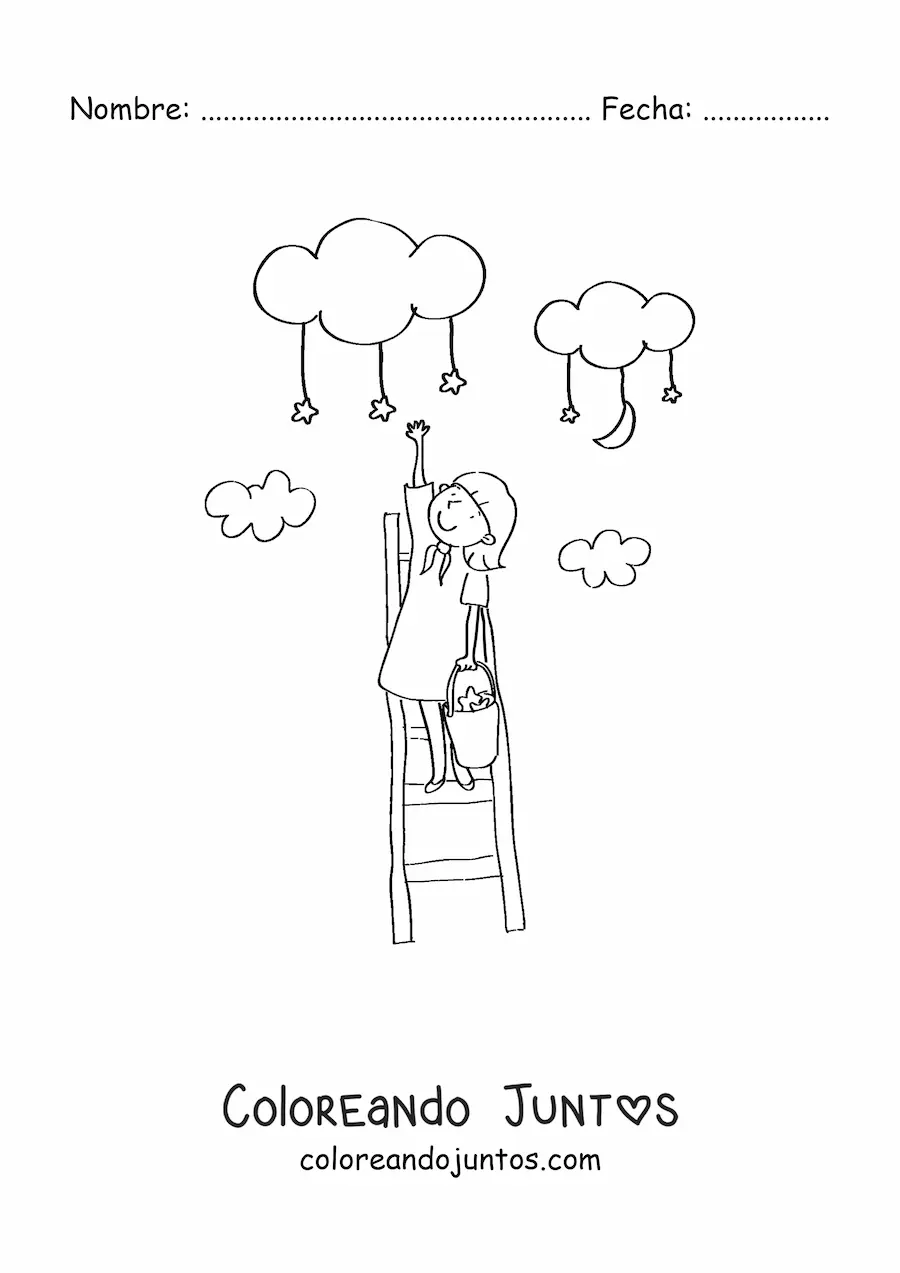 Imagen para colorear de niña sobre una escalera alcanzando las nubes y recolectando estrellas