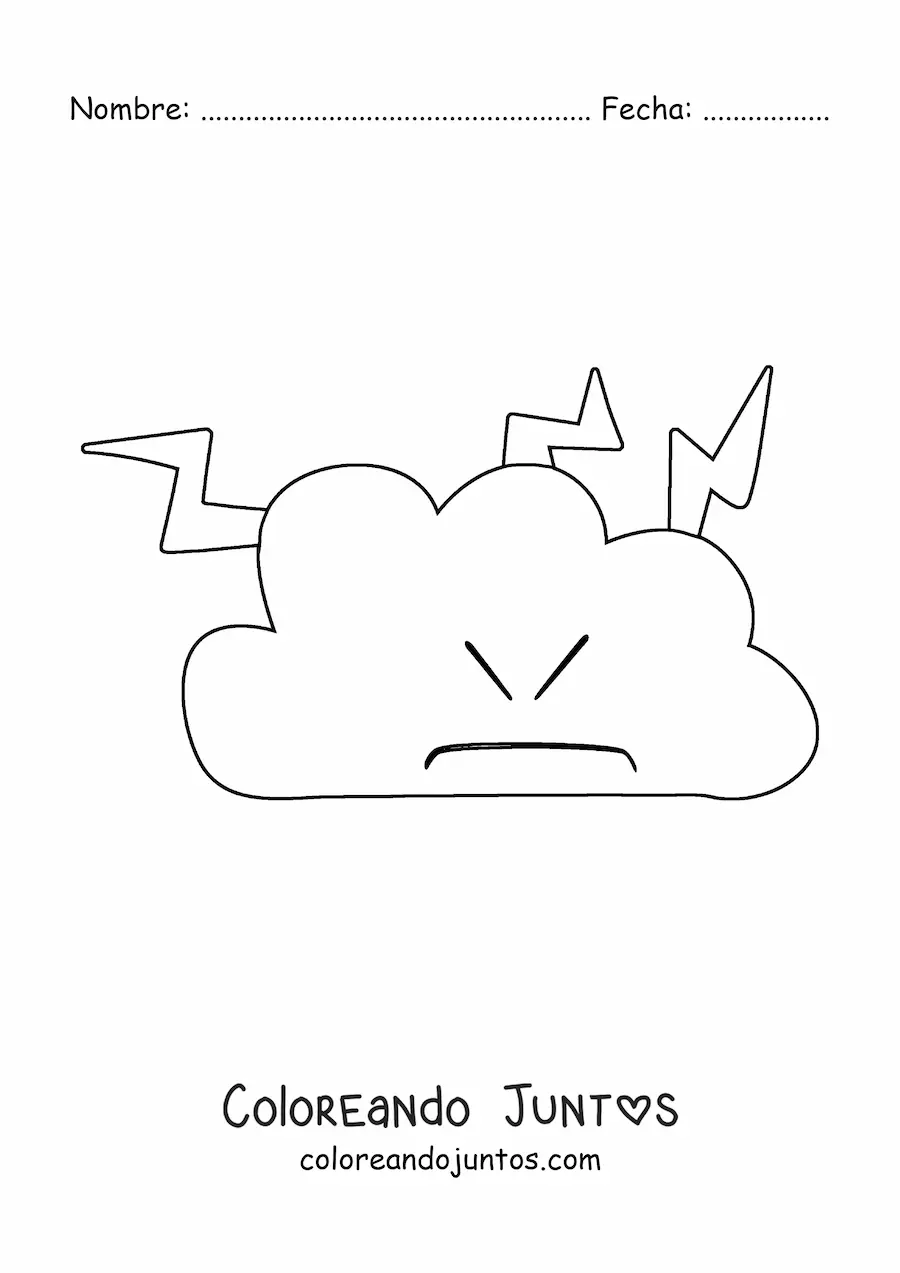 Imagen para colorear de nube animada enojada con rayos saliendo de ella
