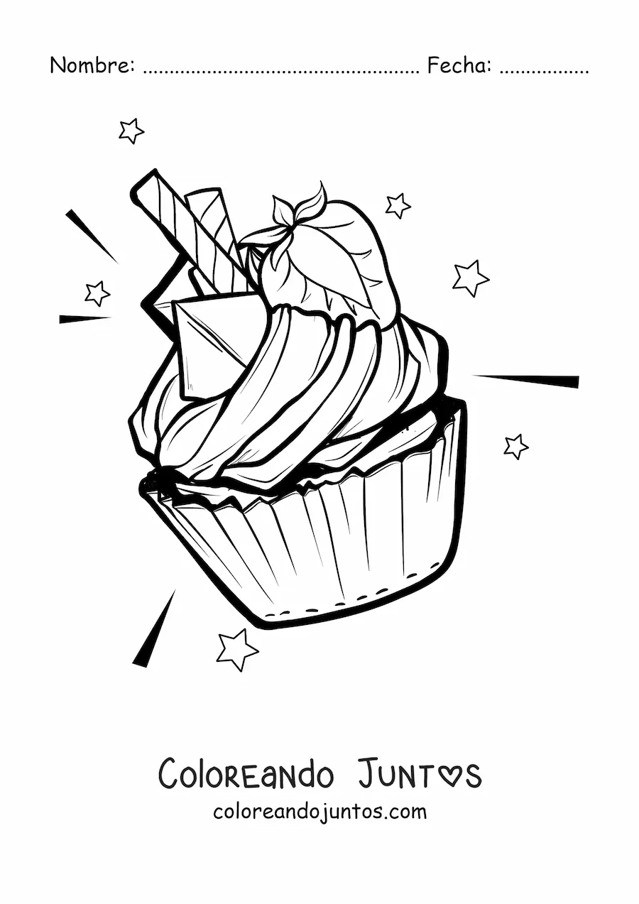 Imagen para colorear de un cupcake decorado con crema y una fresa