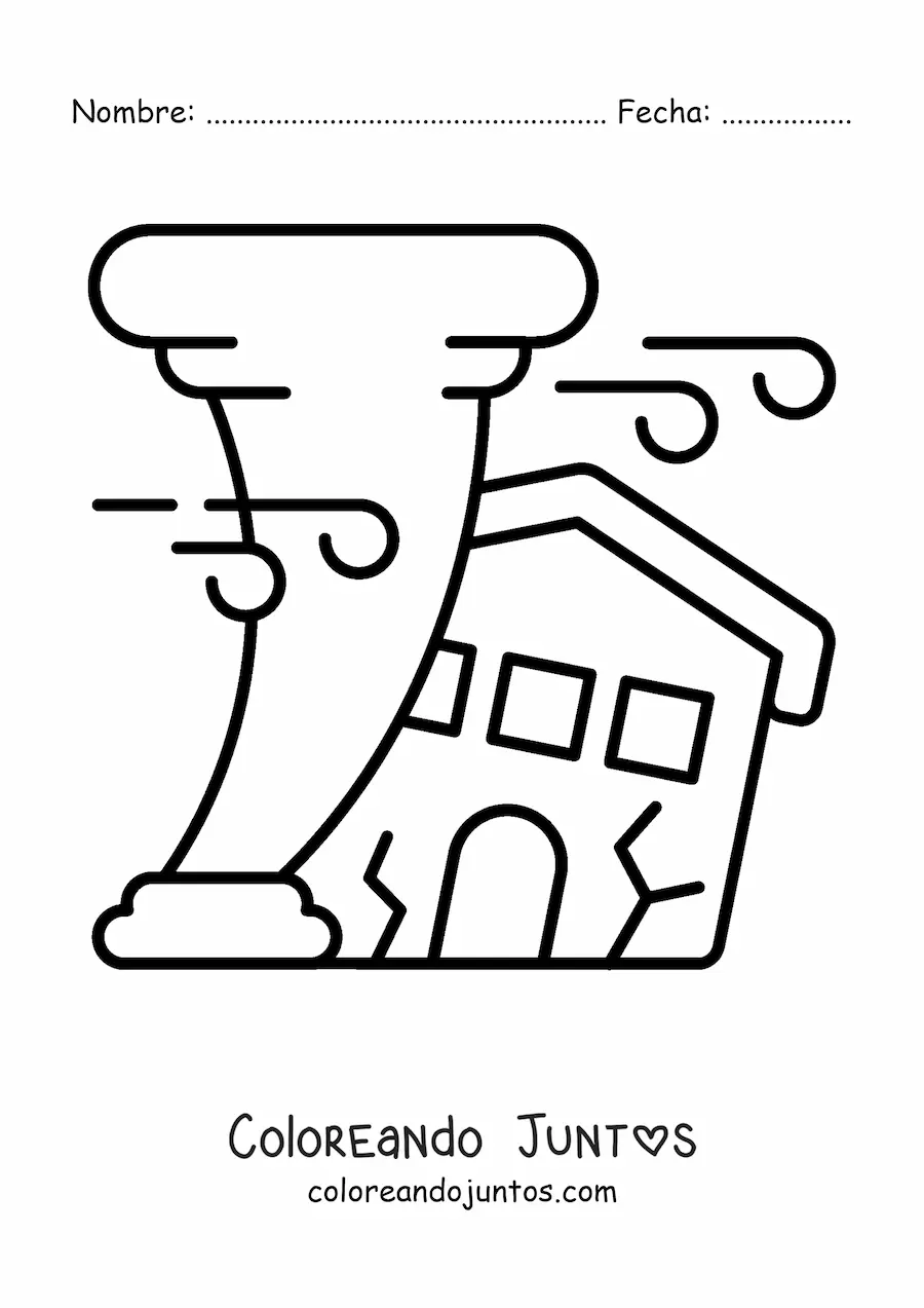 Imagen para colorear de una casa siendo destrozada por un huracán