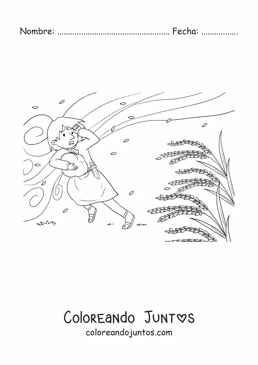 Imagen para colorear de hombre siendo arrastrado por el viento en un trigal