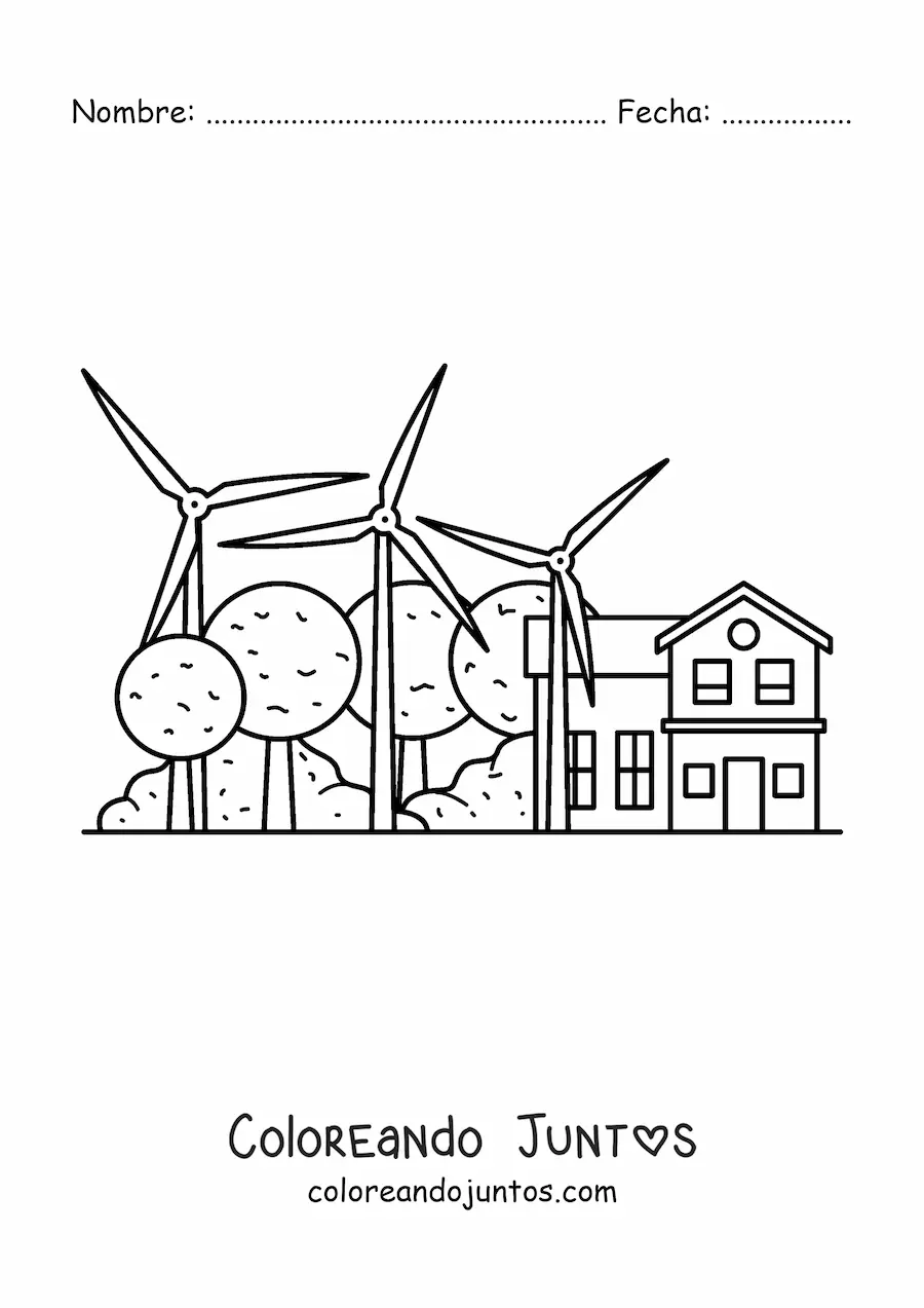 Imagen para colorear de molinos de viento proporcionando electricidad a una casa, con árboles de fondo