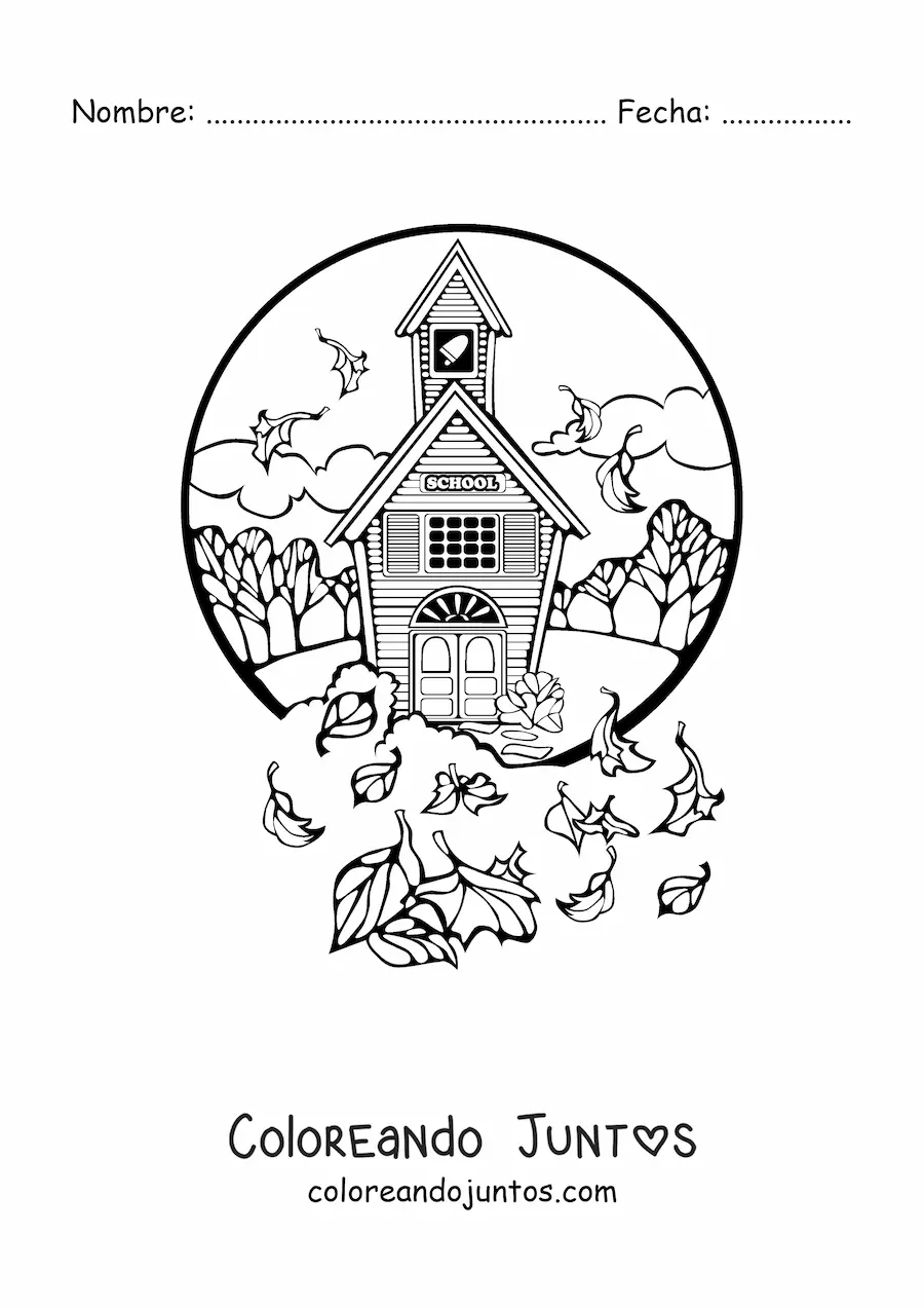 Imagen para colorear de escuela con árboles y hojas al viento