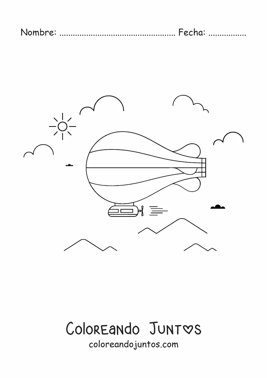 Imagen para colorear de dirigible volando con nubes y montañas en el fondo