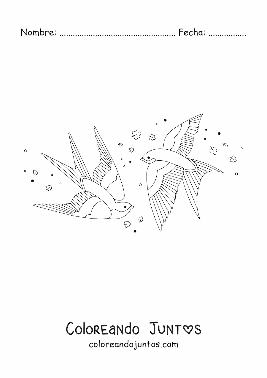 Imagen para colorear de aves volando con hojas al viento en el fondo