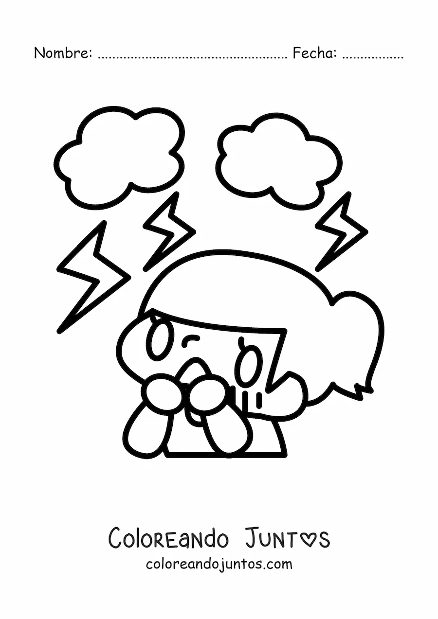 Imagen para colorear de niña asustada por una tormenta eléctrica