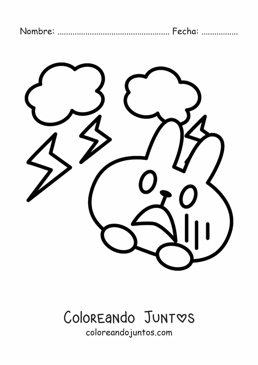 Imagen para colorear de conejo animado asustado por una tormenta eléctrica