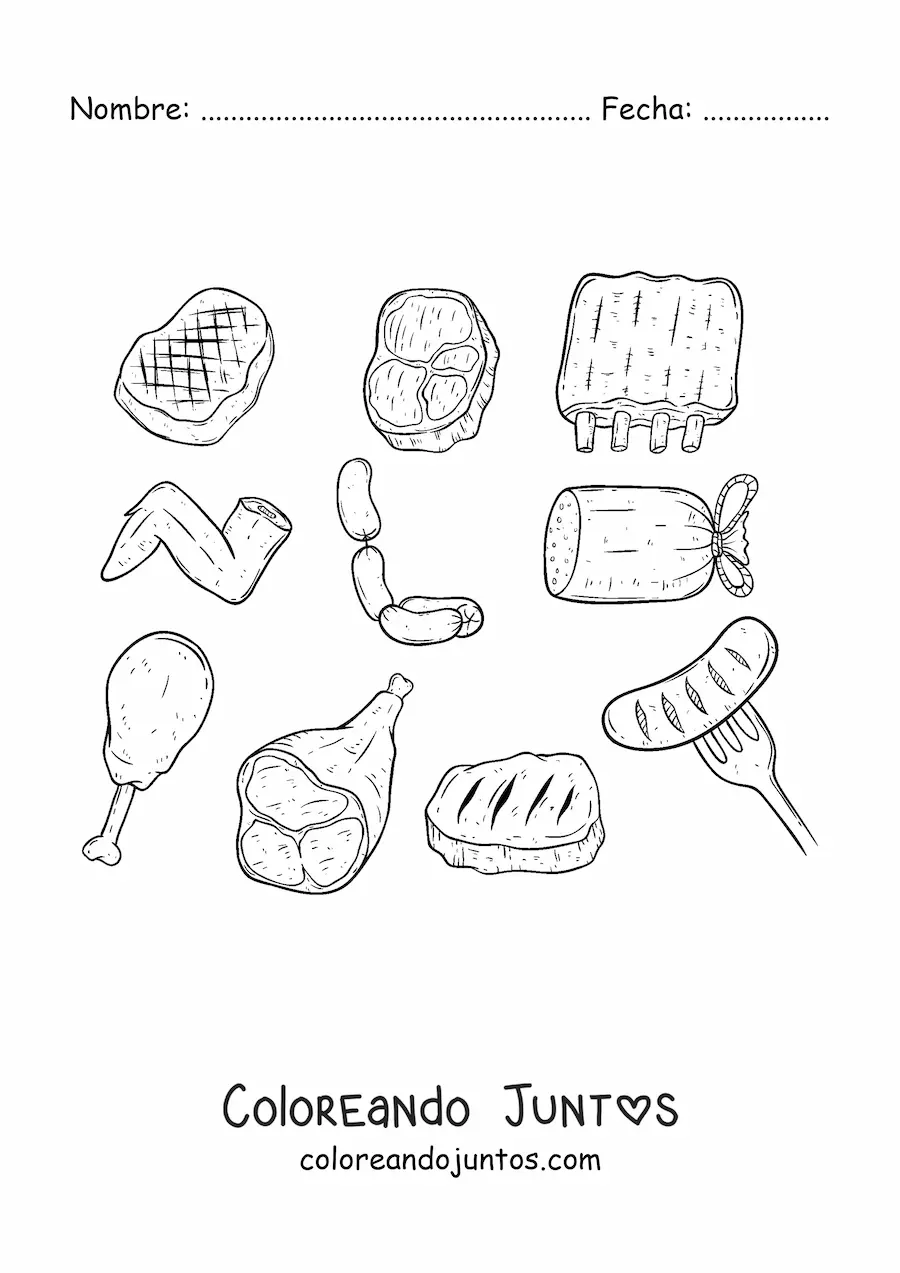 Imagen para colorear de varias carnes rojas y blancas