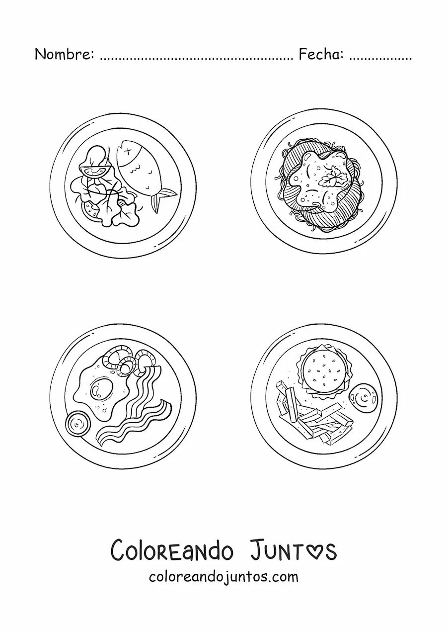 Imagen para colorear de varios platillos con carne cocida