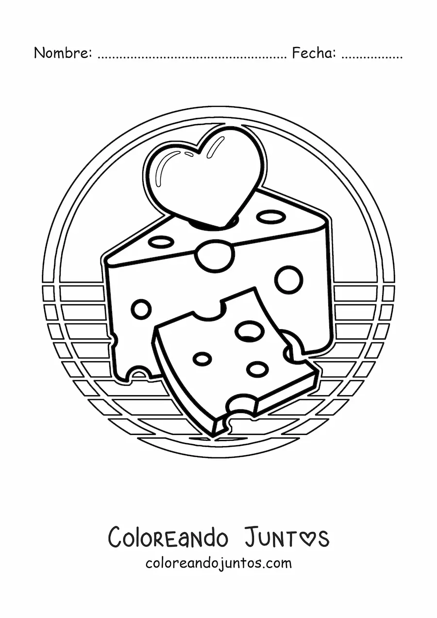 Imagen para colorear de un trozo y una rebanada de queso con un corazón