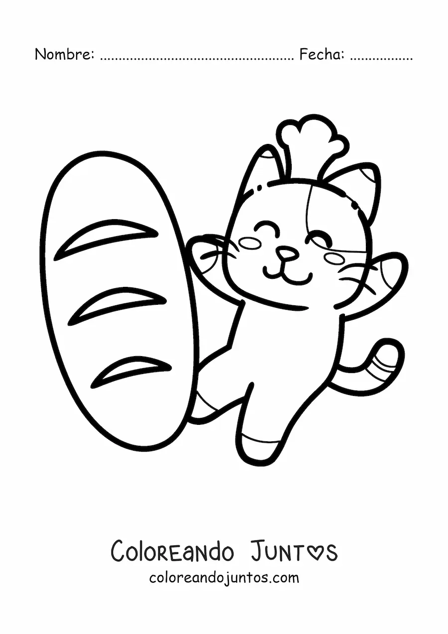 Imagen para colorear de un gato kawaii animado con un pan de trigo