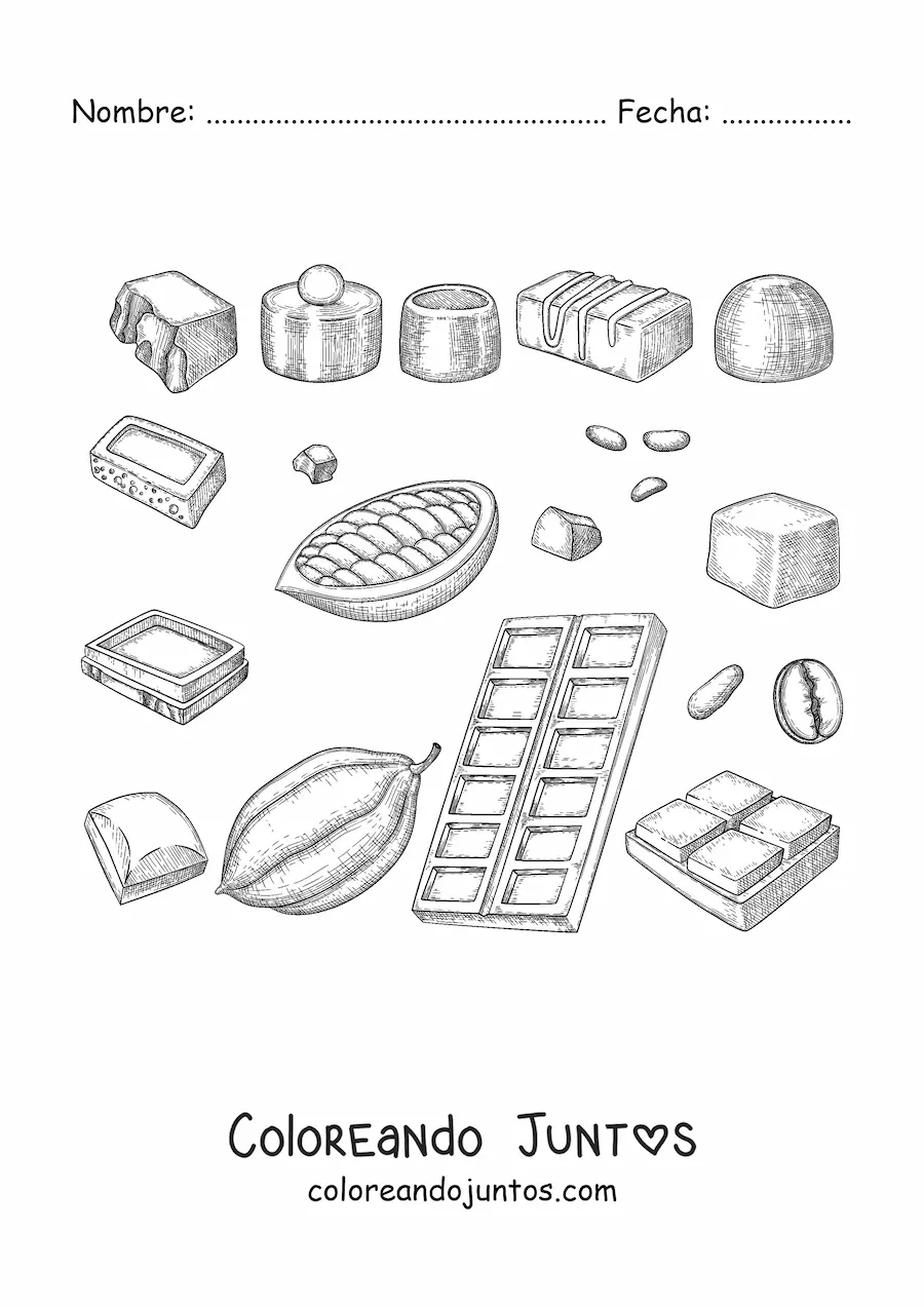 Imagen para colorear de varios trozos de chocolates y de cacao