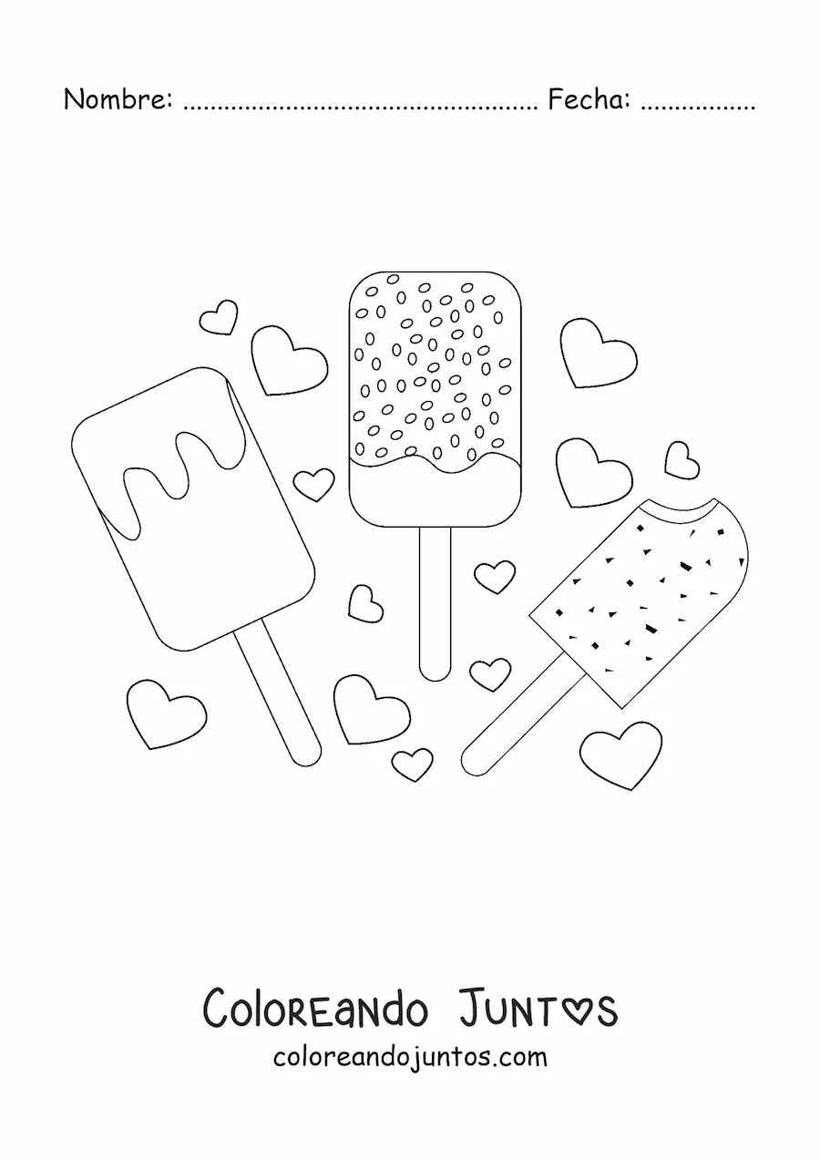 Imagen para colorear de tres paletas de helado cubiertas de chocolate